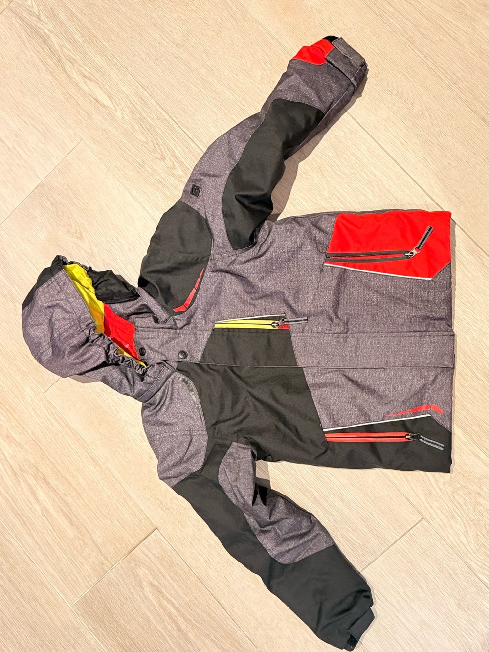 Kids Hooded ski Puffer Jacket - Gray with Red, black and Yellow Accents